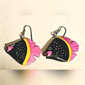 Hot pink yellow and black hollow wooden tropical fish earrings